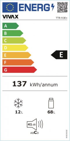 Vivax TTR93E+ egyajtós hűtőszekrény, 68+12 liter, E, fehér - Szabadonálló hűtő, hűtőszekrény