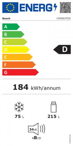 Bosch KIN96VFD0 beépíthető kombinált hűtőszekrény, 215+75 liter, D, NoFrost - Beépíthető hűtő, fagyasztó, borhűtő